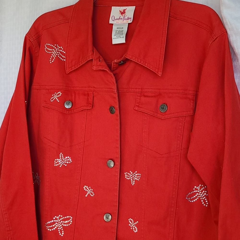 Quaker Factory Coral Denim Jacket Rhinestones Med